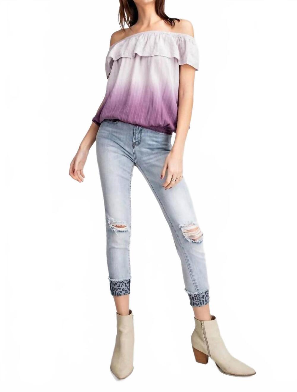 NEW EASEL elena off the shoulder dip dye top in plum